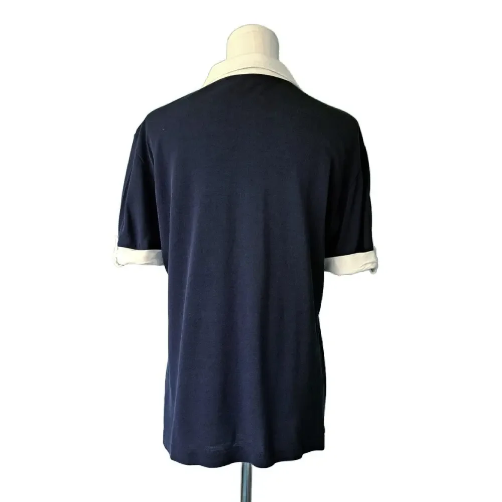 TORY BURCH Navy Blue Silk Cotton Knit Polo Shirt Large White Contrast Top Prep